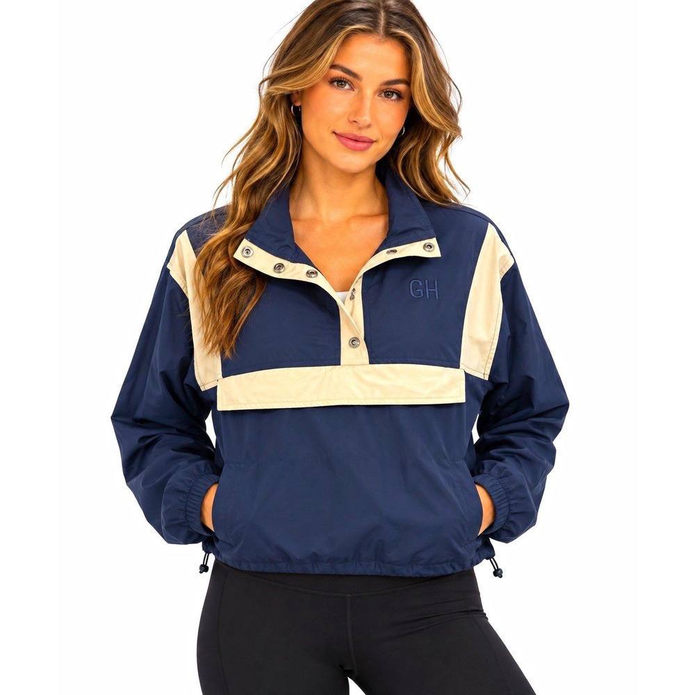 Gold Hinge AirGlyde Women's Cropped Windbreaker S Navy Beige Colorblock 1/2 Zip